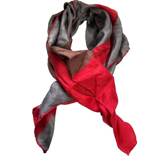 Vintage Echo 26" Square Silk Scarf Red Brown & Gray Colorblock Design - Picture 1 of 5